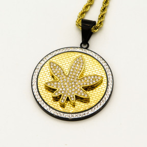 Stainless 304, Zirconia Engraving Maple Leaf Coin Pendants With Rope Chains ,Golden Plating,Diameter:42mm,Thickness:5mm,Link:600mm,about 53g/pc,1 pc/package,HHP00136aino-360