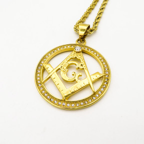Stainless 304, Zirconia Engraving Symbol Of Freemasonry Coins Pendants With Rope Chains ,Golden Plating,Diameter:41mm,Thickness:3mm,Link:600mm,about 40g/pc,1 pc/package,HHP00137vhnj-360