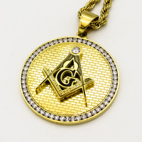 Stainless 304, Zirconia Engraving Freemasonry Coins Pendants With Rope Chains ,Golden Plating,Diameter:42mm,Thickness:5mm,Link:600mm,about 50g/pc,1 pc/package,HHP00138aiio-360