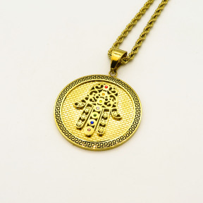 Stainless 304, Zirconia Engraving Protective Hamsa Hand Coin Pendant With Rope Chains ,Golden Plating,Diameter:45mm,Thickness:4mm,Link:600mm,about 53g/pc,1 pc/package,HHP00142aiio-360