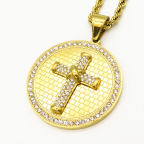 Stainless 304, Zirconia Engraving Christian Cross Coin Pendants With Rope Chains ,Golden Plating,Diameter:44mm,Thickness:8mm,Link:600mm,about 55g/pc,1 pc/package,HHP00144aino-360