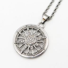 Stainless 304, Zirconia Engraving Sun Flower Coin Pendant With Rope Chains  ,Steel Original Color,Diameter:47mm,Thickness:5mm,Link:600mm,about 51g/pc,1 pc/package,HHP00146vhlj-360