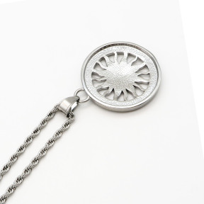 Stainless 304, Zirconia Engraving Sun Flower Coin Pendant With Rope Chains  ,Steel Original Color,Diameter:47mm,Thickness:5mm,Link:600mm,about 51g/pc,1 pc/package,HHP00146vhlj-360