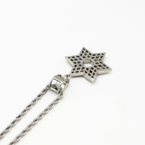 Stainless 304, Zirconia Engraving Star of David Coin Pendant With Rope Chains,Steel Original Color,Length:65mm,Width:36mm,Link:600mm,about 41g/pc,1 pc/package,HHP00147aioo-360