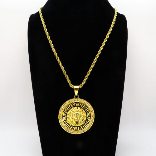 Stainless 304, Zirconia Greek Key Lion Coin Diamond Pendants  With Rope Chain Necklace,Golden Plating,Diameter:48mm, Chains :700mm,About:67g/pc,1 pc per package,HHP00148biib-360