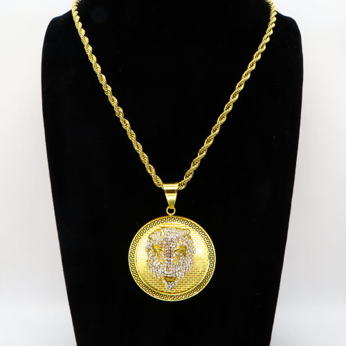Stainless 304, Zirconia Greek Key Lion Coin Diamond Pendants  With Rope Chain Necklace,Golden Plating,Diameter:45mm, Chains :700mm,About:58g/pc,1 pc per package,HHP00150ajia-360