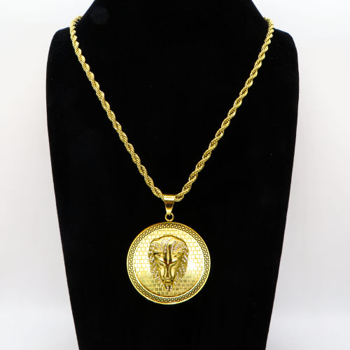 Stainless 304, Zirconia Greek Key Lion Coin Diamond Pendants  With Rope Chain Necklace,Golden Plating,Diameter:45mm, Chains :700mm,About:56g/pc,1 pc per package,HHP00151ajvb-360