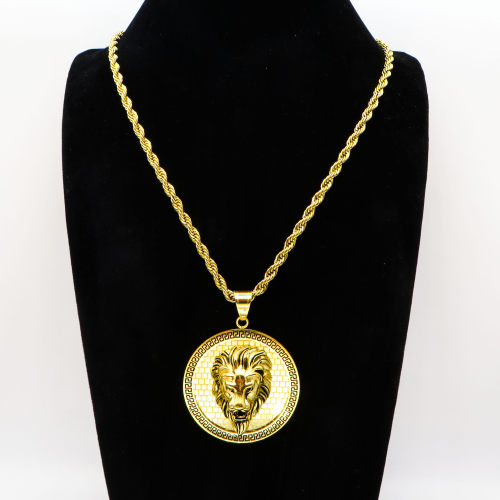 Stainless 304 Greek Key Lion Coin Diamond Pendants  With Rope Chain Necklace,Golden Plating,Diameter:45mm, Chains :700mm,About:60g/pc,1 pc per package,HHP00152bijl-360