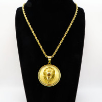 Stainless 304 Greek Key Lion Coin Diamond Pendants  With Rope Chain Necklace,Golden Plating,Diameter:45mm, Chains :700mm,About:57g/pc,1 pc per package,HHP00153aija-360