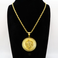 Stainless 304, Zirconia Greek Key Lion Coin Diamond Pendants  With Rope Chain Necklace,Golden Plating,Diameter:45mm, Chains :700mm,About:56g/pc,1 pc per package,HHP00154ainl-360