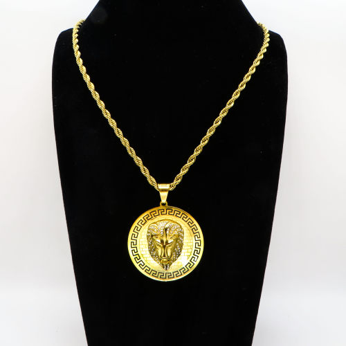Stainless 304, Zirconia Greek Key Lion Coin Diamond Pendants  With Rope Chain Necklace,Golden Plating,Diameter:45mm, Chains :700mm,About:67g/pc,1 pc per package,HHP00155biib-360