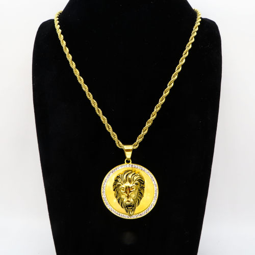 Stainless 304, Zirconia Iced out Lion Coin Diamond Pendants  With Rope Chain Neck;ace,Golden Plating,Diameter:42mm, Chains :700mm,About:55g/pc,1 pc per package,HHP00157ajvb-360