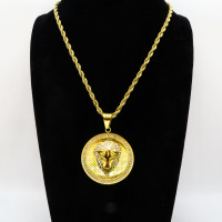 Stainless 304, Zirconia Iced out Lion Coin Diamond Pendants  With Rope Chain Neck;ace,Golden Plating,Diameter:44mm, Chains :700mm,About:59g/pc,1 pc per package,HHP00158bipa-360