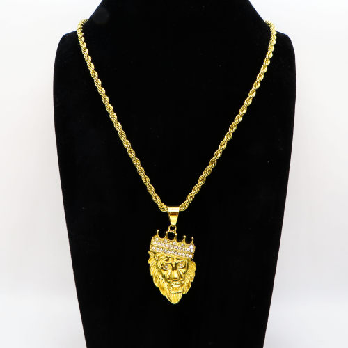 Stainless 304, Zirconia  Ice Out Lion Head With Crown Pendant Rope Chains Necklace,Golden Plating,L:52mm W:28mm, Chains :700mm,About:40g/pc,1 pc per package,HHP00165vhol-360