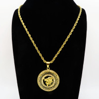 Stainless 304, Zirconia Iced Out Beast Head Pendant With Rope Chain Necklace,Golden Plating,Diameter:41mm, Chains :700mm,About:43g/pc,1 pc per package,HHP00167vihb-360