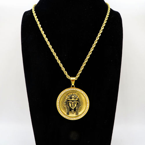 Stainless 304, Zirconia Egyptian King Golden Maskm Pharaoh Coins Pendant With Rope Chains Necklace,Golden Plating,Diameter:44mm, Chains :700mm,About:64g/pc,1 pc per package,HHP00168aiov-360