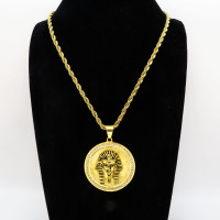 Stainless 304, Zirconia Egyptian King Golden Maskm Pharaoh Coins Pendant With Rope Chains Necklace,Golden Plating,Diameter:44mm, Chains :700mm,About:60g/pc,1 pc per package,HHP00169aiov-360