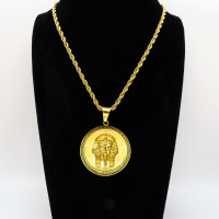 Stainless 304 Egyptian King Golden Maskm Pharaoh Coins Pendant With Rope Chains Necklace,Golden Plating,Diameter:45mm, Chains :700mm,About:60g/pc,1 pc per package,HHP00171bika-360
