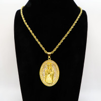 Stainless 304, Zirconia Iced Our Blessed Virgin Mary Pendant With Rope Chains Necklace,Golden Plating,L:63mm W:27mm, Chains :700mm,About:48g/pc,1 pc per package,HHP00172bihl-360