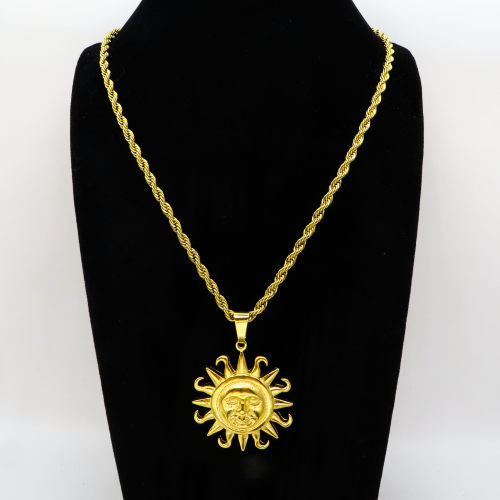 Stainless 304 Sun Face Pendant With Rope Chain Necklace,Golden Plating,L:57mm W:41mm, Chains :700mm,About:48g/pc,1 pc per package,HHP00180vhnv-360
