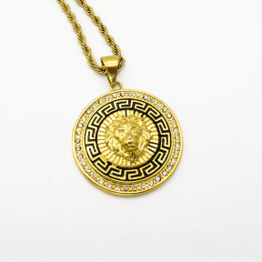 Stainless 304, Zirconia Greek Key Lion Coin Diamond Pendants  With Rope Chain Necklace,Golden Plating,Diameter:48mm, Chains :700mm,About:67g/pc,1 pc per package,HHP00148biib-360