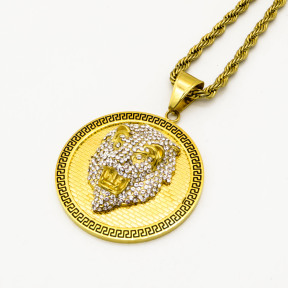Stainless 304, Zirconia Greek Key Lion Coin Diamond Pendants  With Rope Chain Necklace,Golden Plating,Diameter:45mm, Chains :700mm,About:58g/pc,1 pc per package,HHP00150ajia-360