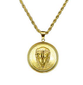 Stainless 304, Zirconia Greek Key Lion Coin Diamond Pendants  With Rope Chain Necklace,Golden Plating,Diameter:45mm, Chains :700mm,About:56g/pc,1 pc per package,HHP00151ajvb-360