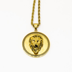 Stainless 304 Greek Key Lion Coin Diamond Pendants  With Rope Chain Necklace,Golden Plating,Diameter:45mm, Chains :700mm,About:60g/pc,1 pc per package,HHP00152bijl-360