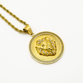 Stainless 304, Zirconia Greek Key Lion Coin Diamond Pendants  With Rope Chain Necklace,Golden Plating,Diameter:45mm, Chains :700mm,About:56g/pc,1 pc per package,HHP00154ainl-360