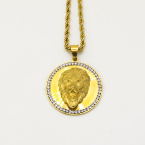 Stainless 304, Zirconia Iced out Lion Coin Diamond Pendants  With Rope Chain Neck;ace,Golden Plating,Diameter:42mm, Chains :700mm,About:56g/pc,1 pc per package,HHP00156aipl-360