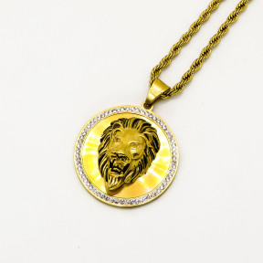 Stainless 304, Zirconia Iced out Lion Coin Diamond Pendants  With Rope Chain Neck;ace,Golden Plating,Diameter:42mm, Chains :700mm,About:55g/pc,1 pc per package,HHP00157ajvb-360