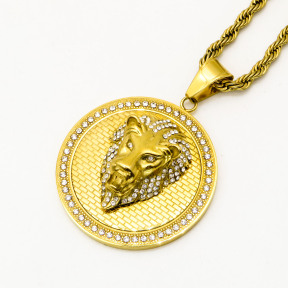 Stainless 304, Zirconia Iced out Lion Coin Diamond Pendants  With Rope Chain Neck;ace,Golden Plating,Diameter:44mm, Chains :700mm,About:59g/pc,1 pc per package,HHP00158bipa-360
