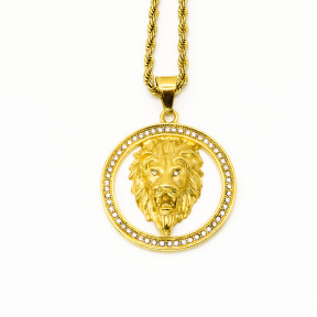 Stainless 304, Zirconia Iced out Lion Coin Diamond Pendants  With Rope Chain Neck;ace,Golden Plating,Diameter:47mm, Chains :700mm,About:57g/pc,1 pc per package,HHP00159vhpl-360
