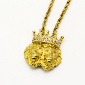 Stainless 304, Zirconia Ice Outed Double Lion Head With Crown Pendant Rope Chains Necklace,Golden Plating,L:41mm W:39mm, Chains :700mm,About:50g/pc,1 pc per package,HHP00163vhoo-360