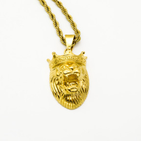Stainless 304  Lion Head With Crown Pendant Rope Chains Necklace,Golden Plating,L:51mm W:26mm, Chains :700mm,About:56g/pc,1 pc per package,HHP00164vhnv-360