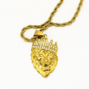 Stainless 304, Zirconia  Ice Out Lion Head With Crown Pendant Rope Chains Necklace,Golden Plating,L:52mm W:28mm, Chains :700mm,About:40g/pc,1 pc per package,HHP00165vhol-360