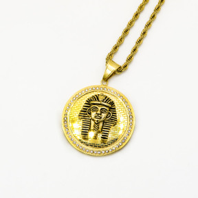 Stainless 304, Zirconia Egyptian King Golden Maskm Pharaoh Coins Pendant With Rope Chains Necklace,Golden Plating,Diameter:44mm, Chains :700mm,About:64g/pc,1 pc per package,HHP00168aiov-360