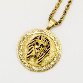 Stainless 304, Zirconia Egyptian King Golden Maskm Pharaoh Coins Pendant With Rope Chains Necklace,Golden Plating,Diameter:44mm, Chains :700mm,About:60g/pc,1 pc per package,HHP00169aiov-360