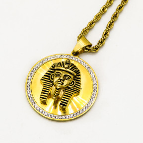 Stainless 304, Zirconia Egyptian King Golden Maskm Pharaoh Coins Pendant With Rope Chains Necklace,Golden Plating,Diameter:42mm, Chains :700mm,About:57g/pc,1 pc per package,HHP00170aiov-360