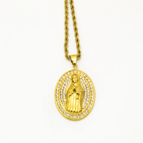 Stainless 304, Zirconia Iced Our Blessed Virgin Mary Pendant With Rope Chains Necklace,Golden Plating,L:63mm W:27mm, Chains :700mm,About:48g/pc,1 pc per package,HHP00172bihl-360
