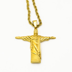 Stainless 304, Zirconia Cristo Redentor Pendants With Rope Chains Necklace,Golden Plating,L:62mm W:55mm, Chains :700mm,About:48g/pc,1 pc per package,HHP00173vhnv-360