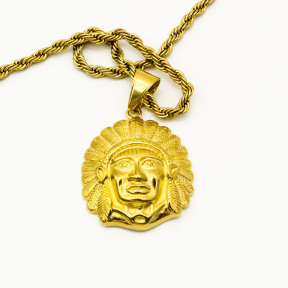 Stainless 304 American Indian Chief Pendant With Rope Chain Necklace,Golden Plating,L:54mm W:35mm, Chains :700mm,About:44g/pc,1 pc per package,HHP00177vhnv-360