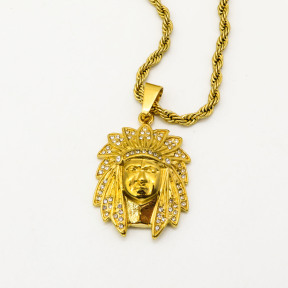 Stainless 304, Zirconia Iced Out American Indian Chief Pendant With Rope Chain Necklace,Golden Plating,L:52mm W:31mm, Chains :700mm,About:47g/pc,1 pc per package,HHP00178vhpl-360