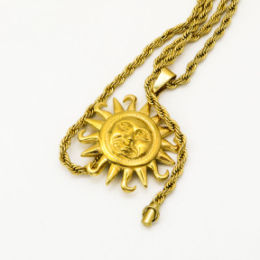 Stainless 304 Sun Face Pendant With Rope Chain Necklace,Golden Plating,L:57mm W:41mm, Chains :700mm,About:48g/pc,1 pc per package,HHP00180vhnv-360