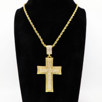 Stainless 304, Zirconia The Cross Pendant With Rope Chains Necklace,Golden Plating,L:43mm W:41mm, Chains :700mm,About: 58g/pc,1 pc / package,HHP00201akjl-360