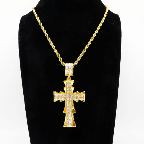 Stainless 304, Zirconia Thorns Cross Pendant With Rope Chains Necklace,Golden Plating,L:82mm W:39mm, Chains :700mm,About: 59g/pc,1 pc / package,HHP00203ajoo-360