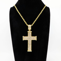 Stainless 304, Zirconia The Cross Pendant With Rope Chains Necklace,Golden Plating,L:84mm W:40mm, Chains :700mm,About: 57g/pc,1 pc / package,HHP00210alho-360
