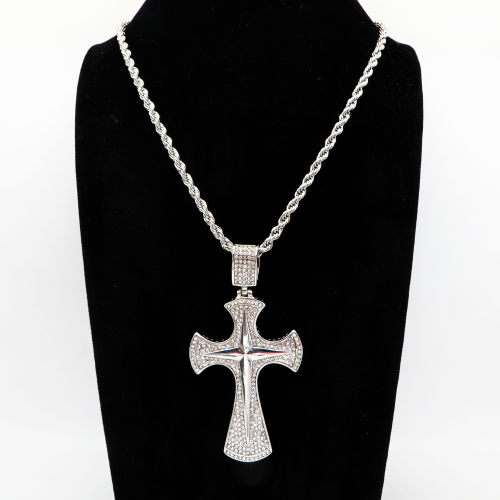 Stainless 304, Zirconia Star Cross Pendant With Rope Chain Necklace,Stainless Steel Original,L:82mm W:39mm, Chains :700mm,About: 53g/pc,1 pc / package,HHP00215ajoa-360