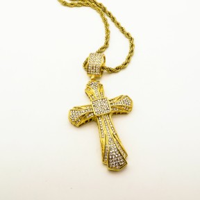 Stainless 304, Zirconia The Cross Pendant With Rope Chains Necklace,Golden Plating,L:82mm W:43mm, Chains :700mm,About: 51g/pc,1 pc / package,HHP00181akho-360