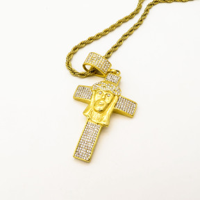 Stainless 304, Zirconia Jesus Christ Cross Pendant With Rope Chains Necklace,Golden Plating,L:83mm W:35mm, Chains :700mm,About: 53g/pc,1 pc / package,HHP00183akha-360